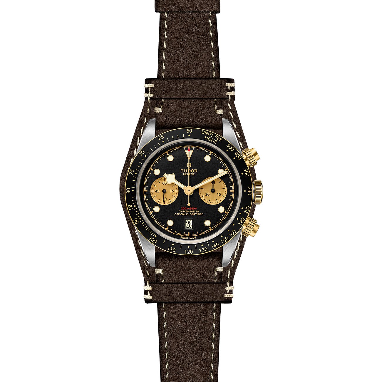 Tudor Herrenuhr mit Edelstahlgehäuse, schwarzem Zifferblatt und goldenen Zeigern.