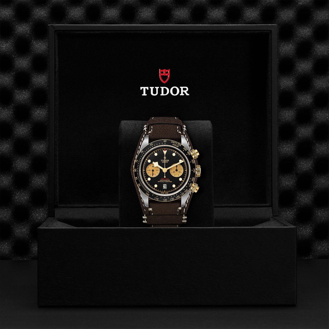 Tudor Herrenuhr mit Edelstahlgehäuse, schwarzem Zifferblatt und braunem Lederarmband.