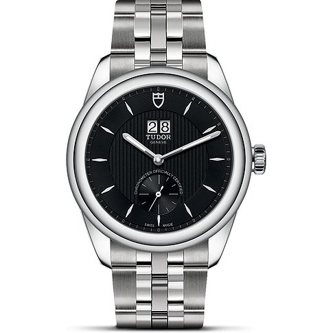 Tudor Herrenuhr mit Edelstahlgehäuse und schwarzem Zifferblatt.