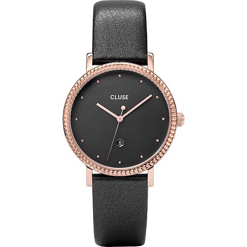 Cluse Damenuhr aus Edelstahl mit roségoldenem Gehäuse, schwarzem Zifferblatt und schwarzem Lederarmband.