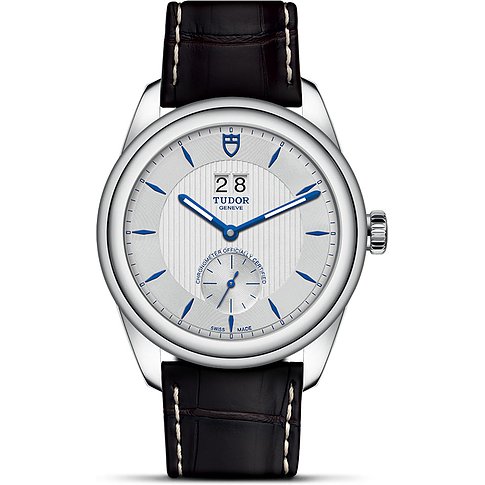 Tudor Herrenuhr mit Edelstahlgehäuse, silberfarbenem Zifferblatt und blauen Zeigern.