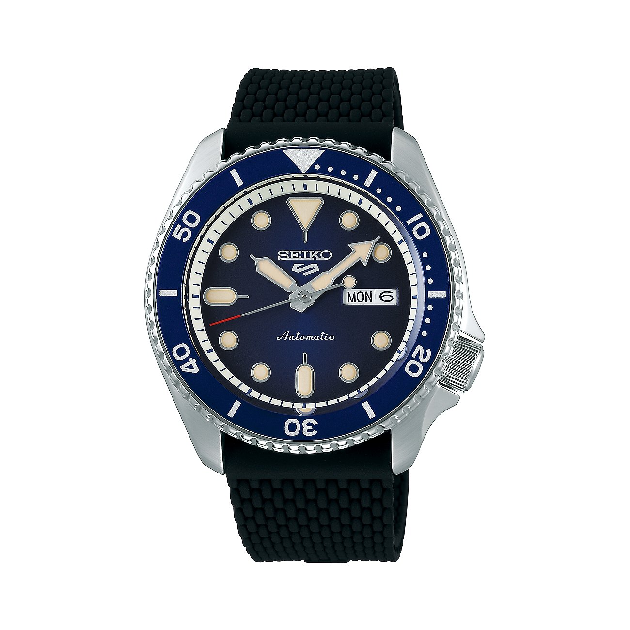 Seiko Herrenuhr aus Edelstahl mit dunklem Zifferblatt, silbernen Indexen und schwarzem Kautschukarmband.