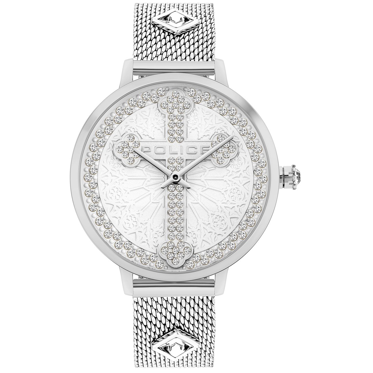 Police Damenuhr aus silberfarbenem Edelstahl mit weißem Zifferblatt und glitzernden Schmucksteinen in Kreuzform.