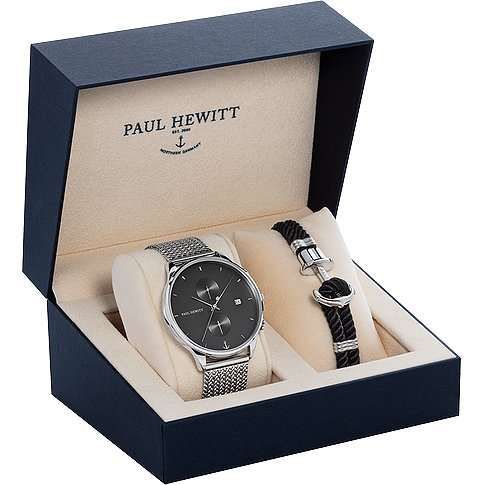 Paul Hewitt gavesæt: Ur med sort urskive, sølvfarvet rustfrit stålbånd og sort Paul Hewitt armbånd.