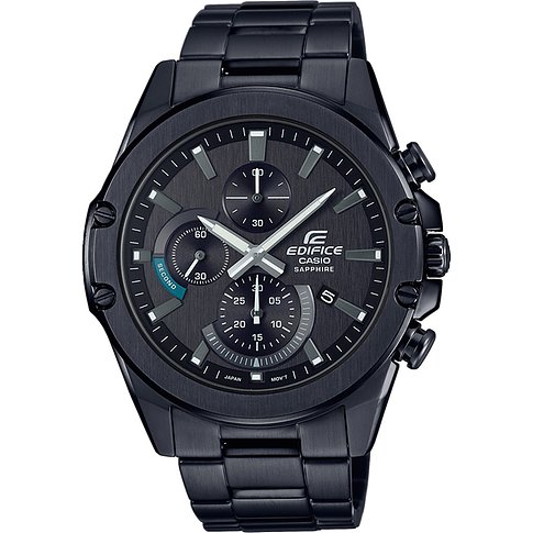Casio Herrenuhr in Schwarz aus Edelstahl mit Chronographenfunktion, Datumsanzeige und mehreren Zifferblättern.