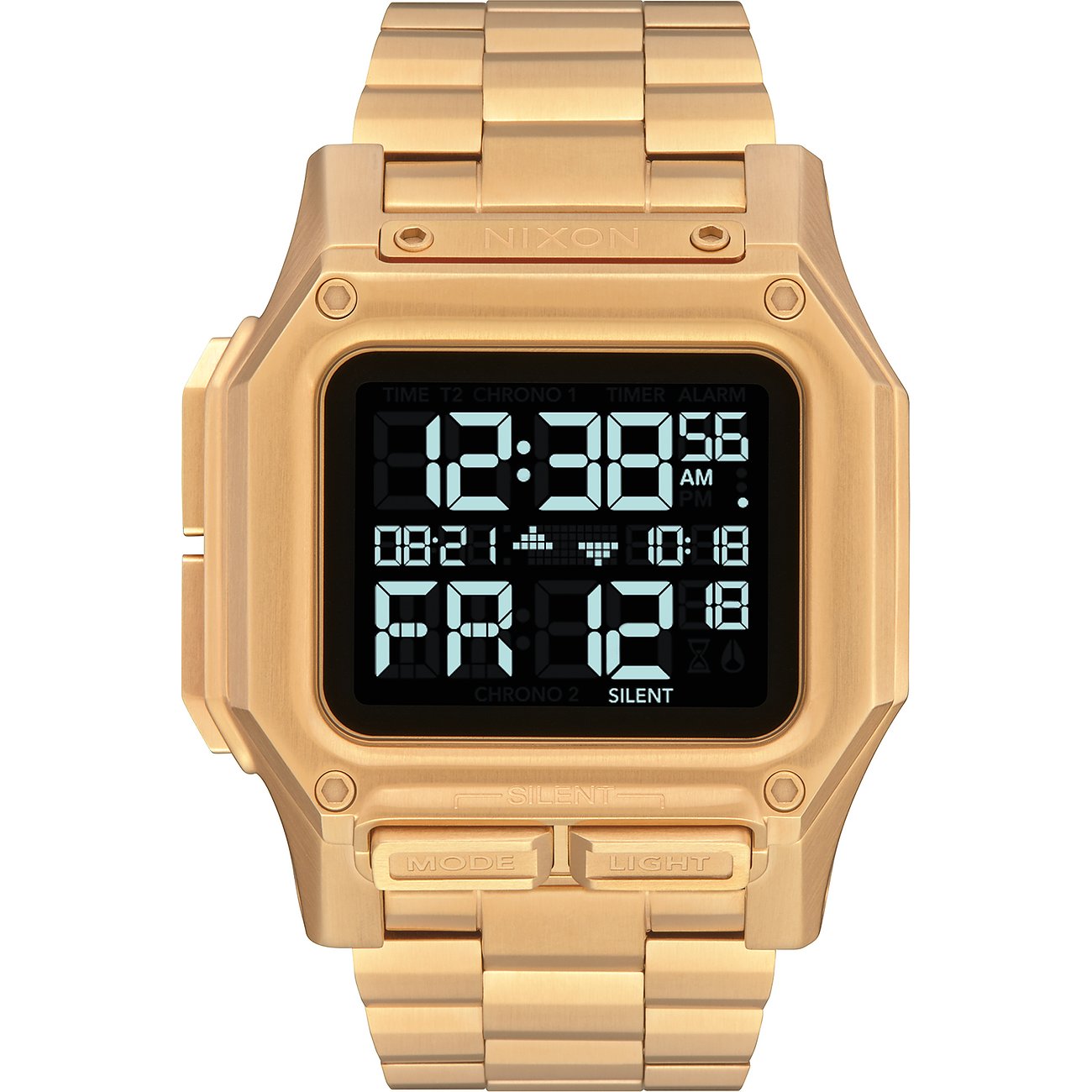 Eine von Nixon gefertigte digitale Herrenuhr aus goldfarbenem Edelstahl mit schwarzem Zifferblatt und weißer Schrift.