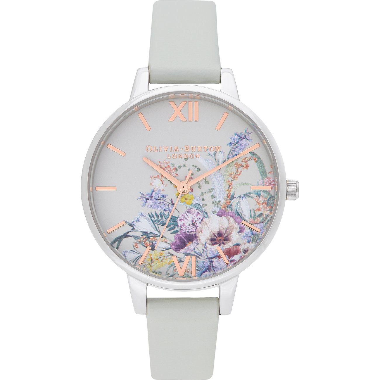 Eine Olivia Burton Damenuhr aus Edelstahl mit hellem Armband und einem Zifferblatt mit Blumenmuster.
