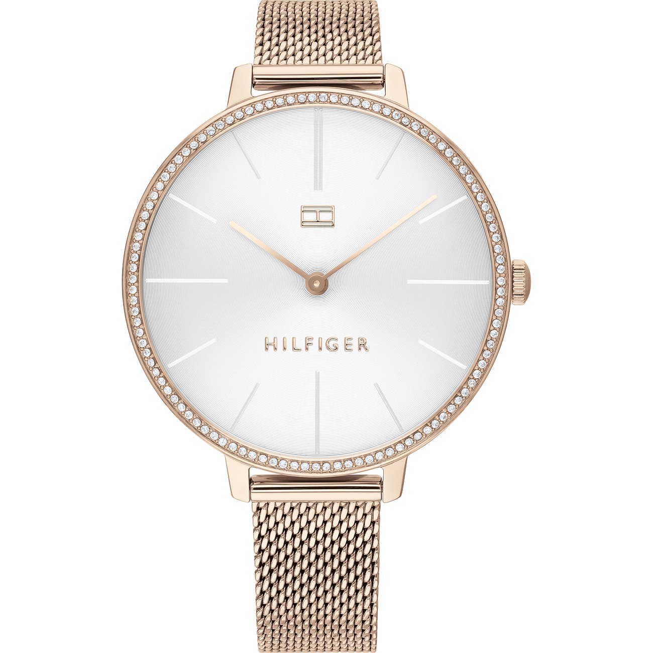 Tommy Hilfiger Damenuhr aus roségoldfarbenem Edelstahl mit weißem Zifferblatt und Glassteinbesatz.