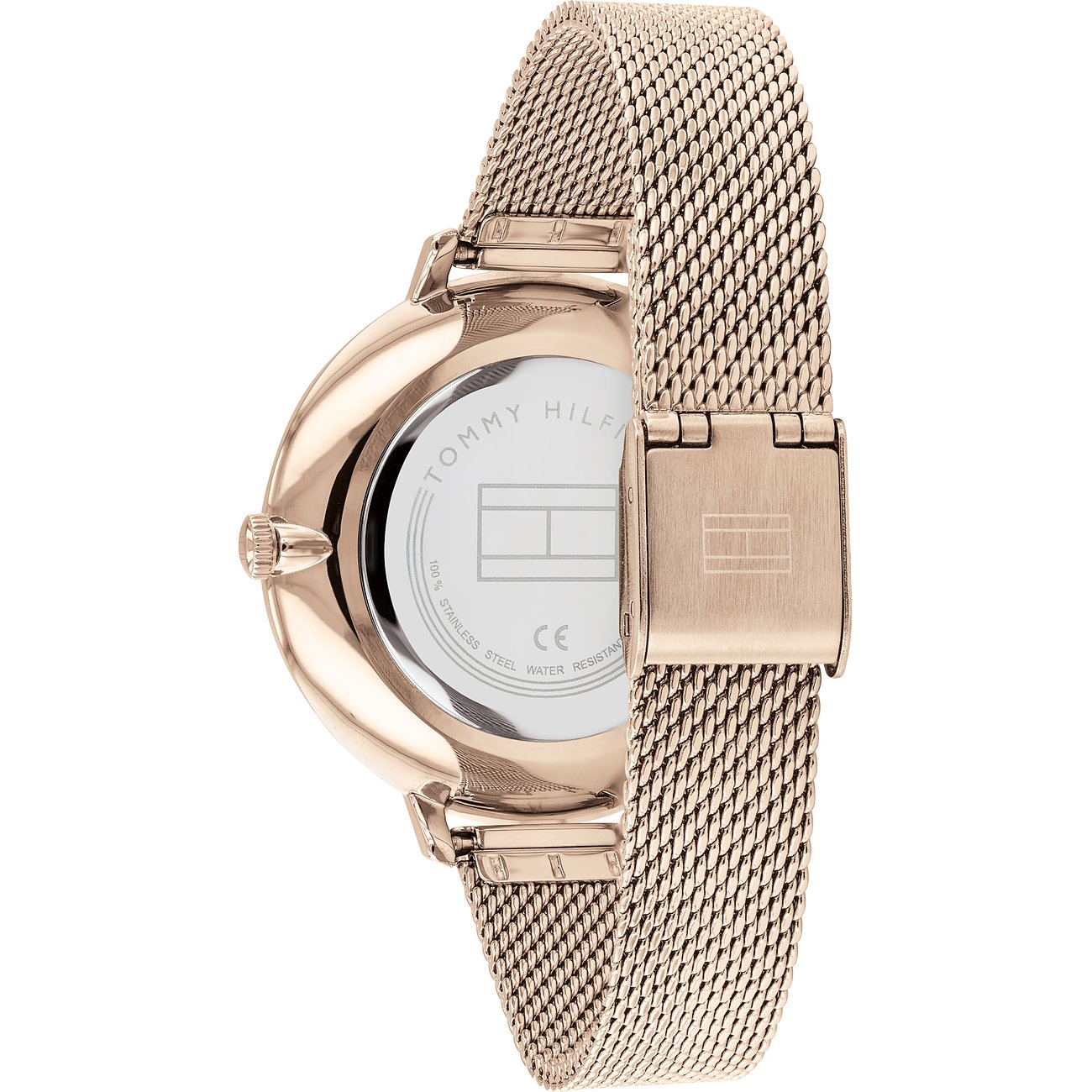 Rückansicht der roségoldenen Tommy Hilfiger Damenuhr aus Edelstahl mit filigranem Milanese-Armband und Logo-Gravur.