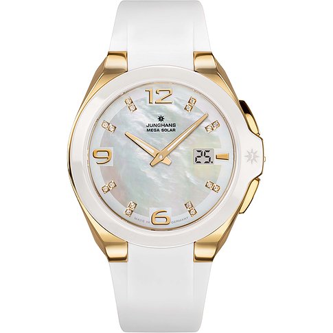 Junghans Damenuhr mit Edelstahlgehäuse, Keramik und Diamanten.