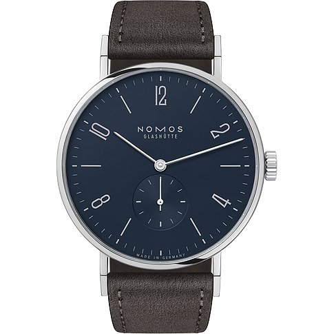 Nomos Glashütte Unisexuhr mit Edelstahlgehäuse, dunkelblauem Zifferblatt und braunem Band.