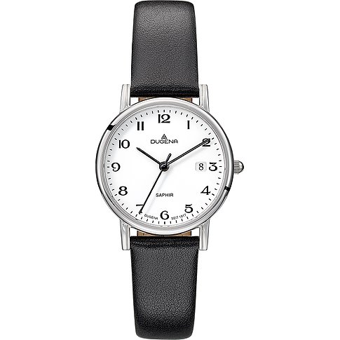 Dugena Damenuhr aus Edelstahl mit weißem Zifferblatt, schwarzen Ziffern und schwarzem Lederarmband.