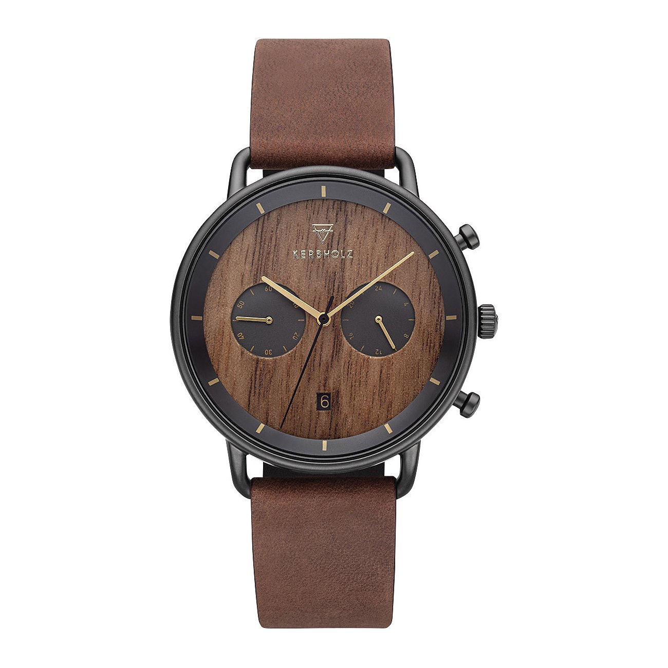 Kerbholz Herrenuhr aus Edelstahl mit braunem Lederband und Holz-Zifferblatt in Draufsicht.