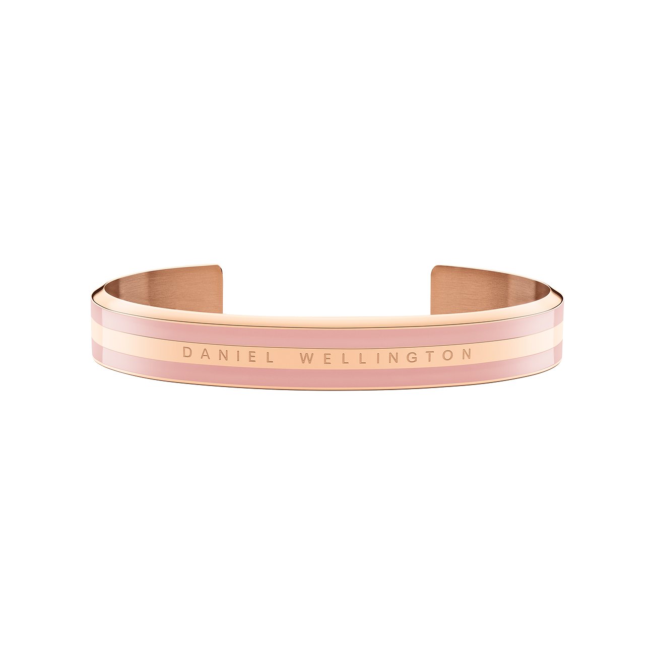 Daniel Wellington Armschmuck aus rosegoldfarbenem Edelstahl mit eingraviertem Markenlogo und zwei rosafarbenen Streifen.