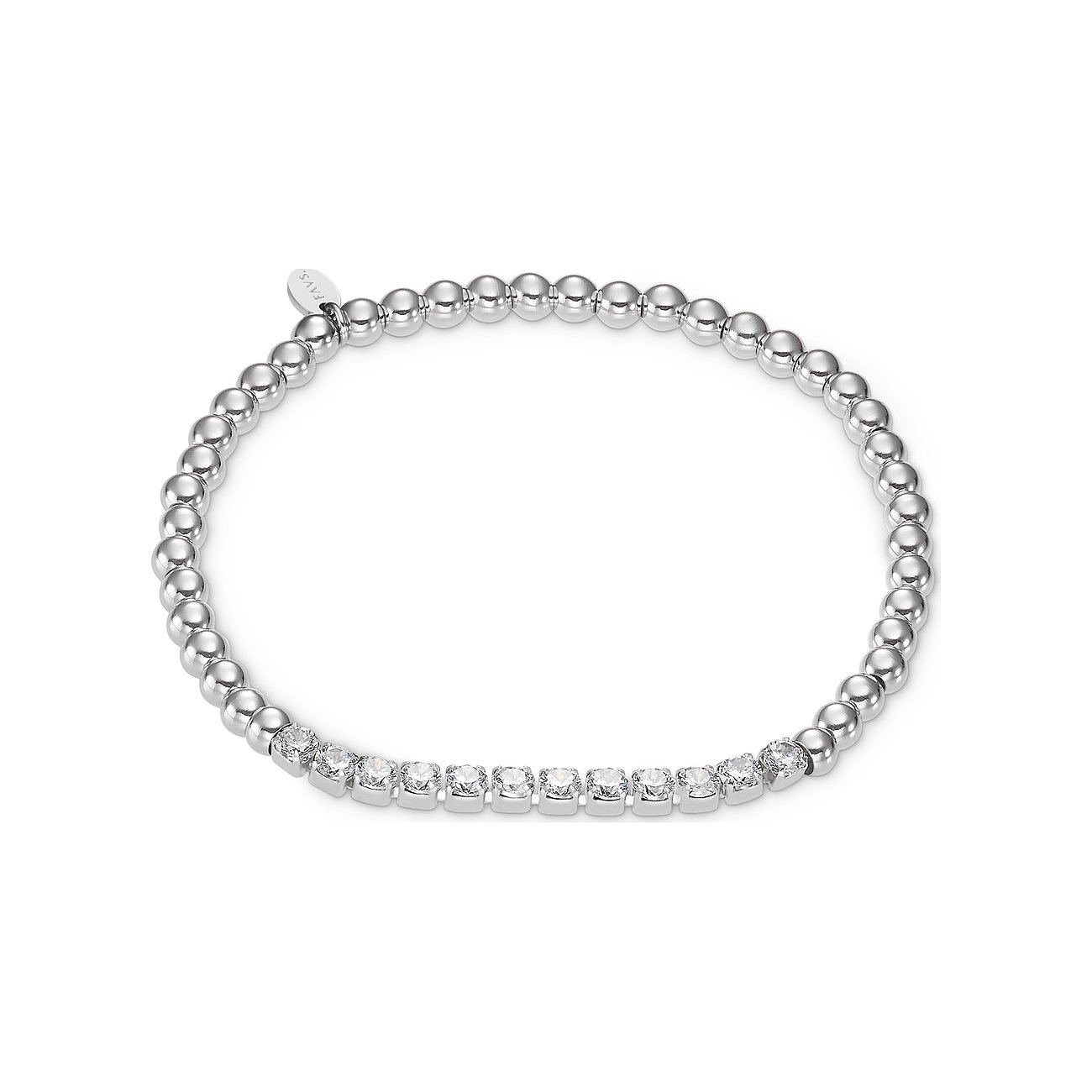 FAVS Armband aus Edelstahl mit perlengleichen Elementen und einer Reihe funkelnder Zirkonia-Kristalle.