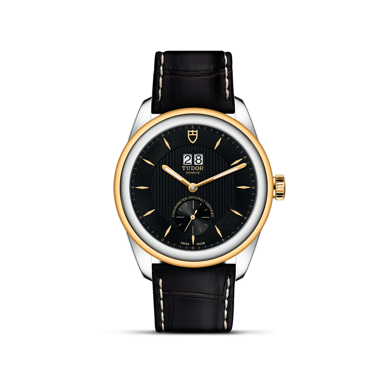 Tudor Herrenuhr aus Edelstahl und Gelbgold mit schwarzem Zifferblatt und Lederarmband.