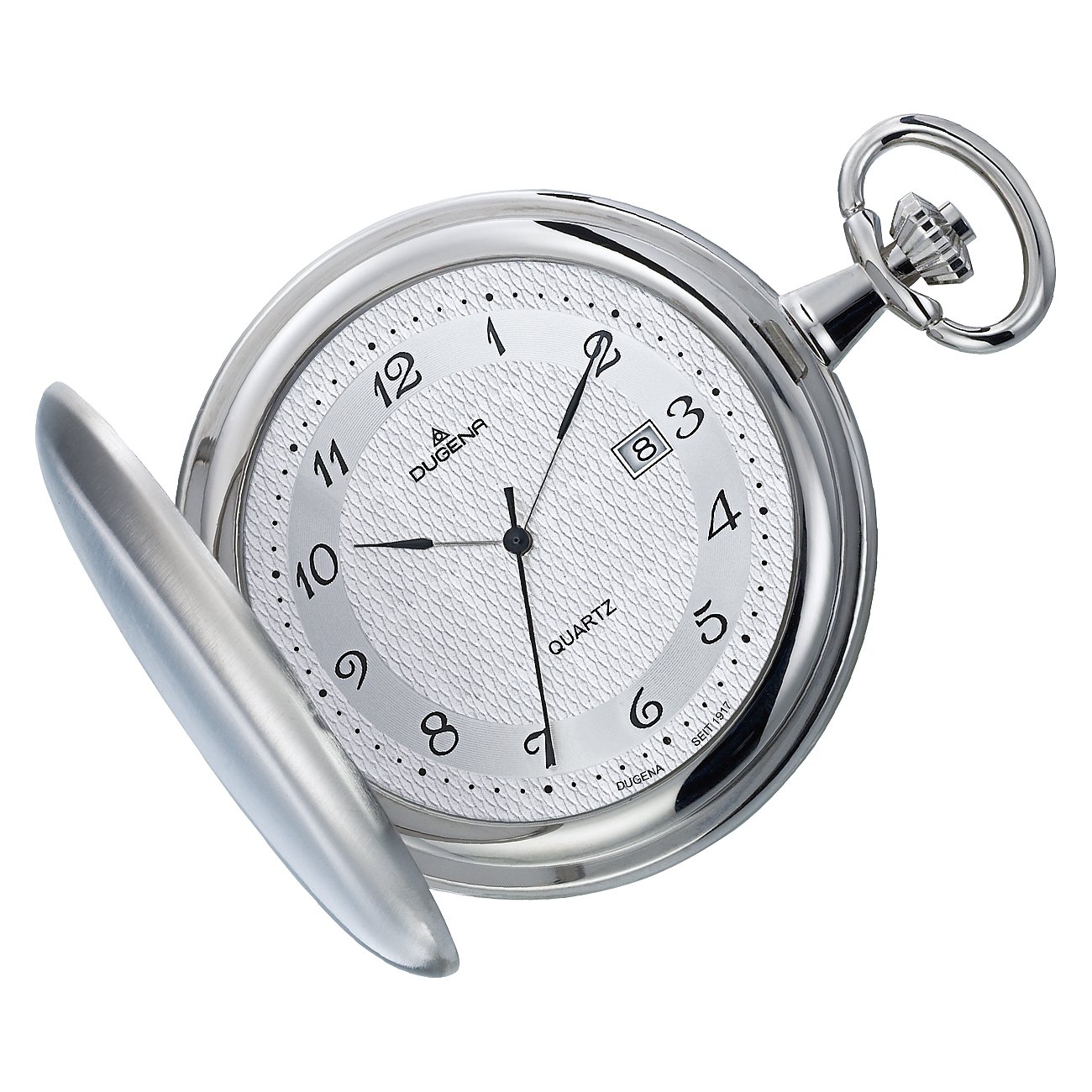 Dugena Taschenuhr mit Metallgehäuse, analog und mit Datumsanzeige.