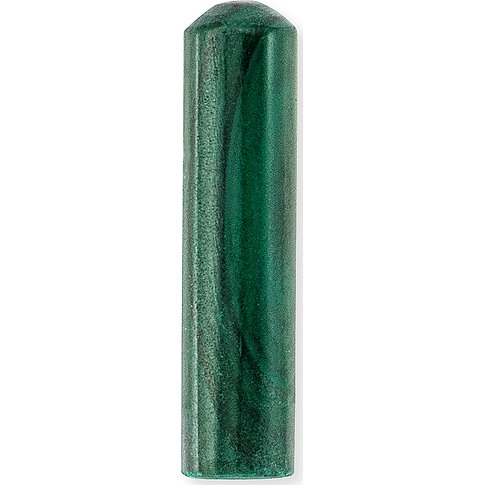 Engelsrufer malakitsten med poleret overflade, cylindrisk formet med afrundet spids.