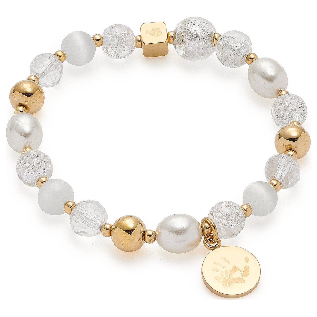 Leonardo Armband aus Edelstahl mit Perlen und Glassteinen, goldfarben.