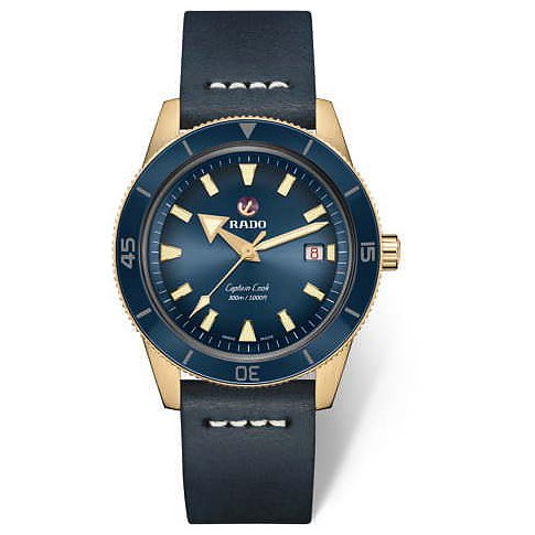 Rado Herrenuhr aus Bronze und Keramik, goldfarbenes Gehäuse, blaues Zifferblatt und Lederarmband.