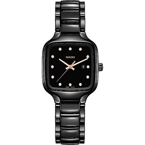 Rado Damenuhr mit Keramikgehäuse, schwarzes Zifferblatt mit Diamanten.