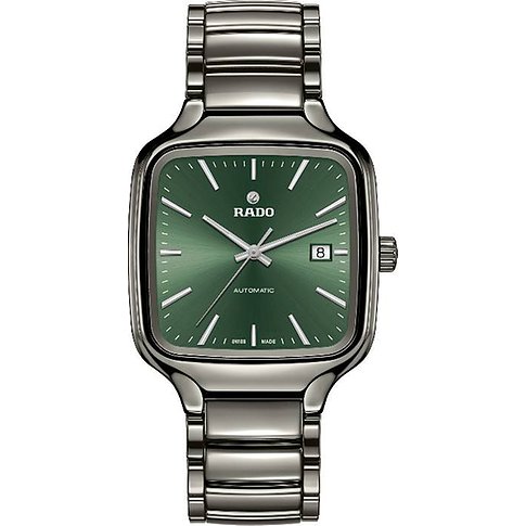 Rado Unisexuhr mit Keramikgehäuse, grünem Zifferblatt und analoger Anzeige.