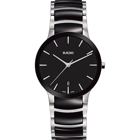 Rado Unisexuhr aus glänzendem Edelstahl mit schwarzem Zifferblatt und schwarzem Keramikarmband