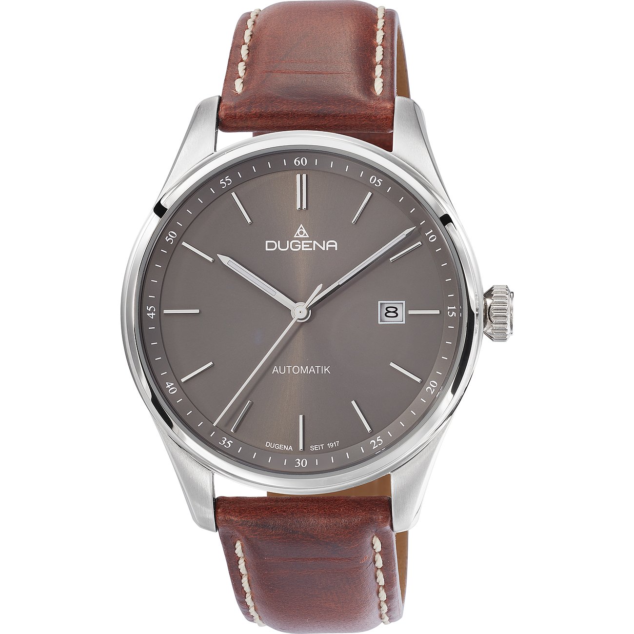 Dugena Herrenuhr aus Edelstahl mit braunem Lederarmband und grauem Zifferblatt, schräg von oben aufgenommen.