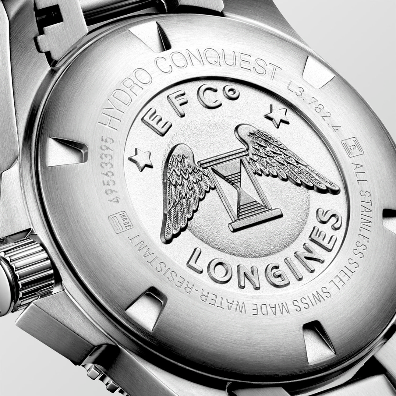 Longines Herrenuhr aus Edelstahl, mit Gravur und wasserdicht bis 30 bar.