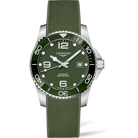 Longines Herrenuhr mit Edelstahlgehäuse, Keramik-Lünette und grünem Zifferblatt.