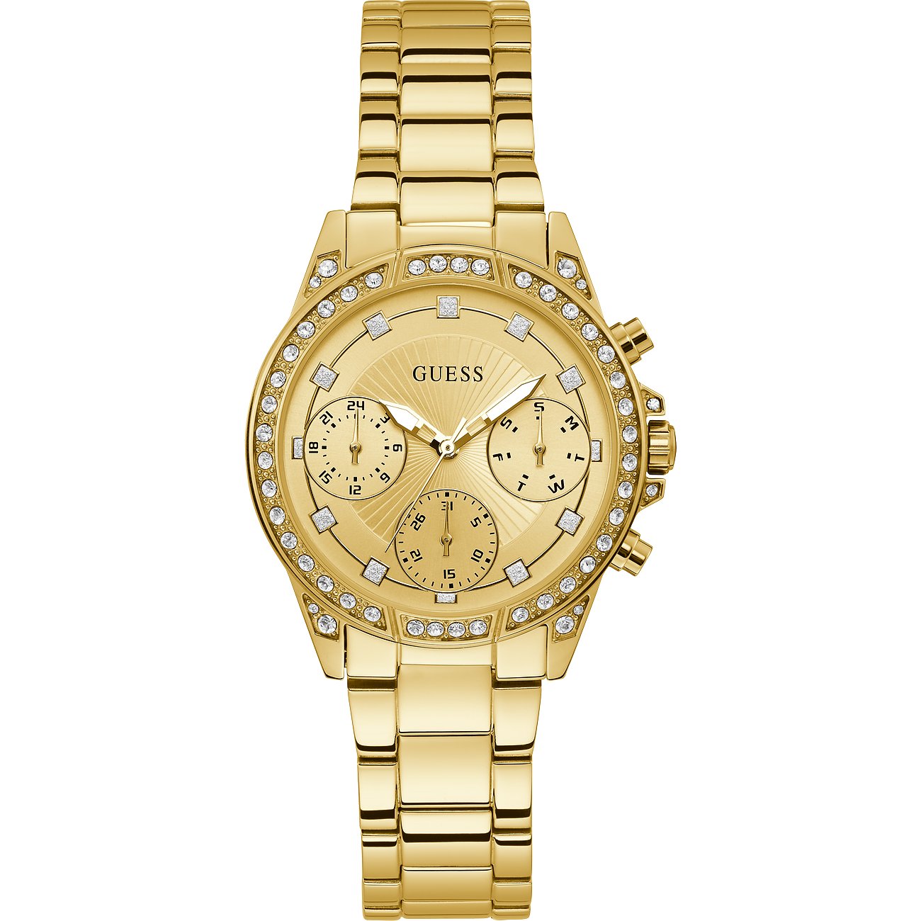 Nahaufnahme einer goldenen Guess Damenuhr aus Edelstahl mit Zirkonia, die auf einem weißen Hintergrund positioniert ist.