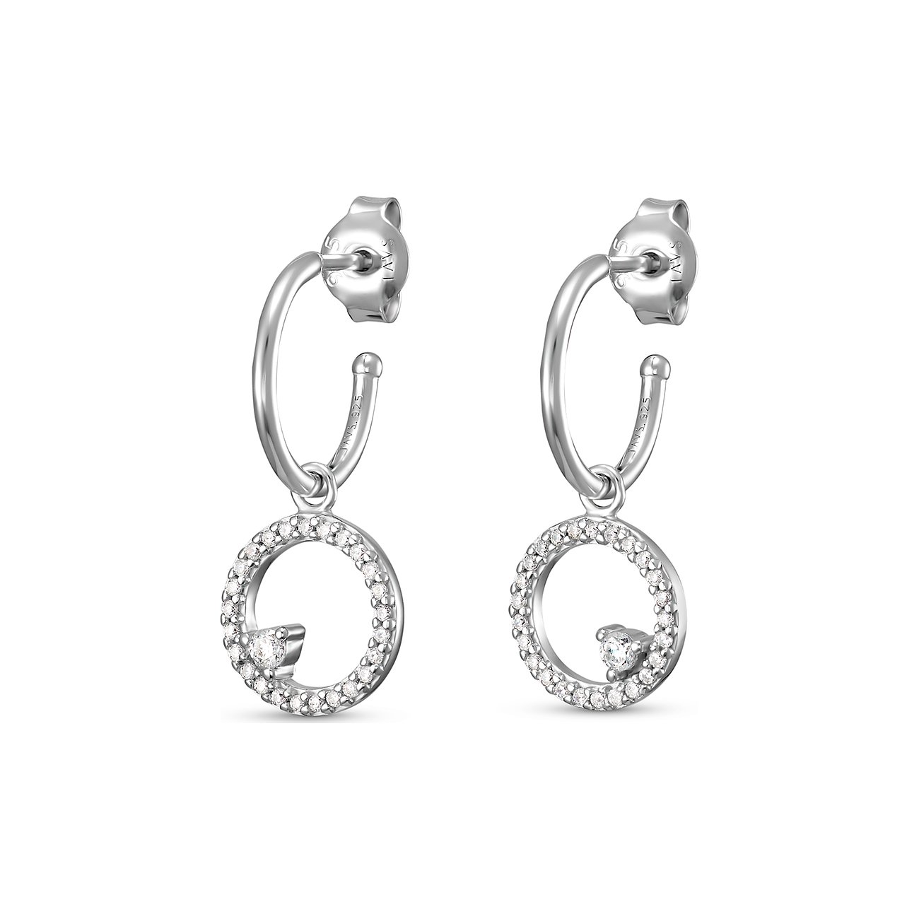 FAVS Ohrschmuck aus 925er Silber. Zwei filigrane Creolen, an denen kreisförmige Anhänger mit Zirkonia befestigt sind.