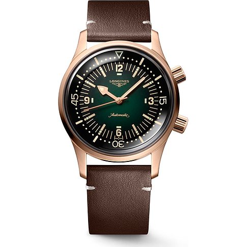 Longines Herrenuhr mit Bronzegehäuse, grünem Zifferblatt und Automatikwerk.