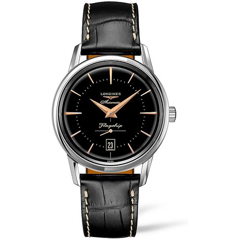 Longines Herrenuhr mit Edelstahlgehäuse, schwarzem Zifferblatt und goldenen Zeigern.