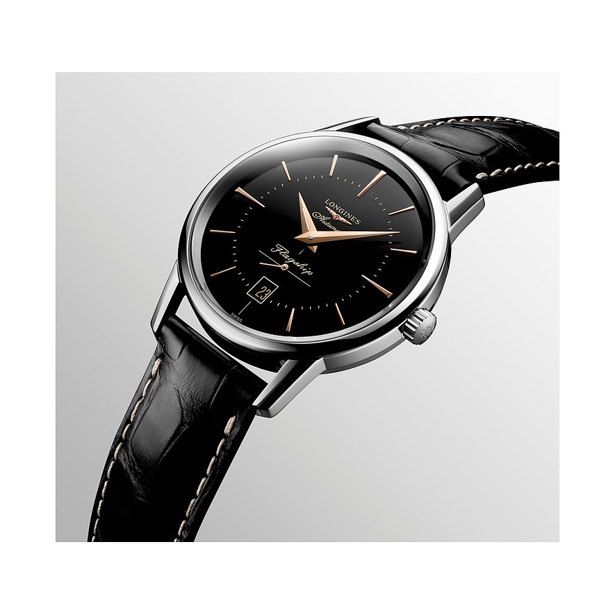 Longines Herrenuhr mit Edelstahlgehäuse, schwarzem Zifferblatt und Roségold-Indizes.