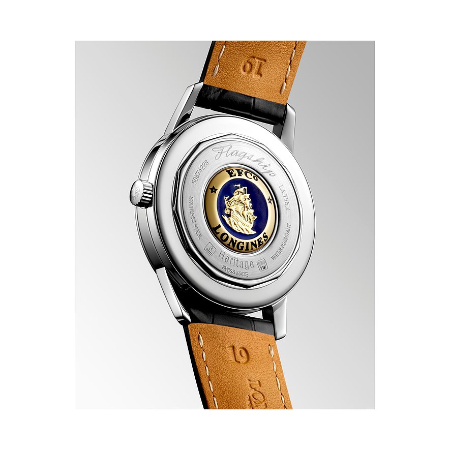 Longines Herrenuhr mit Edelstahlgehäuse und dem Emblem einer Galeere.