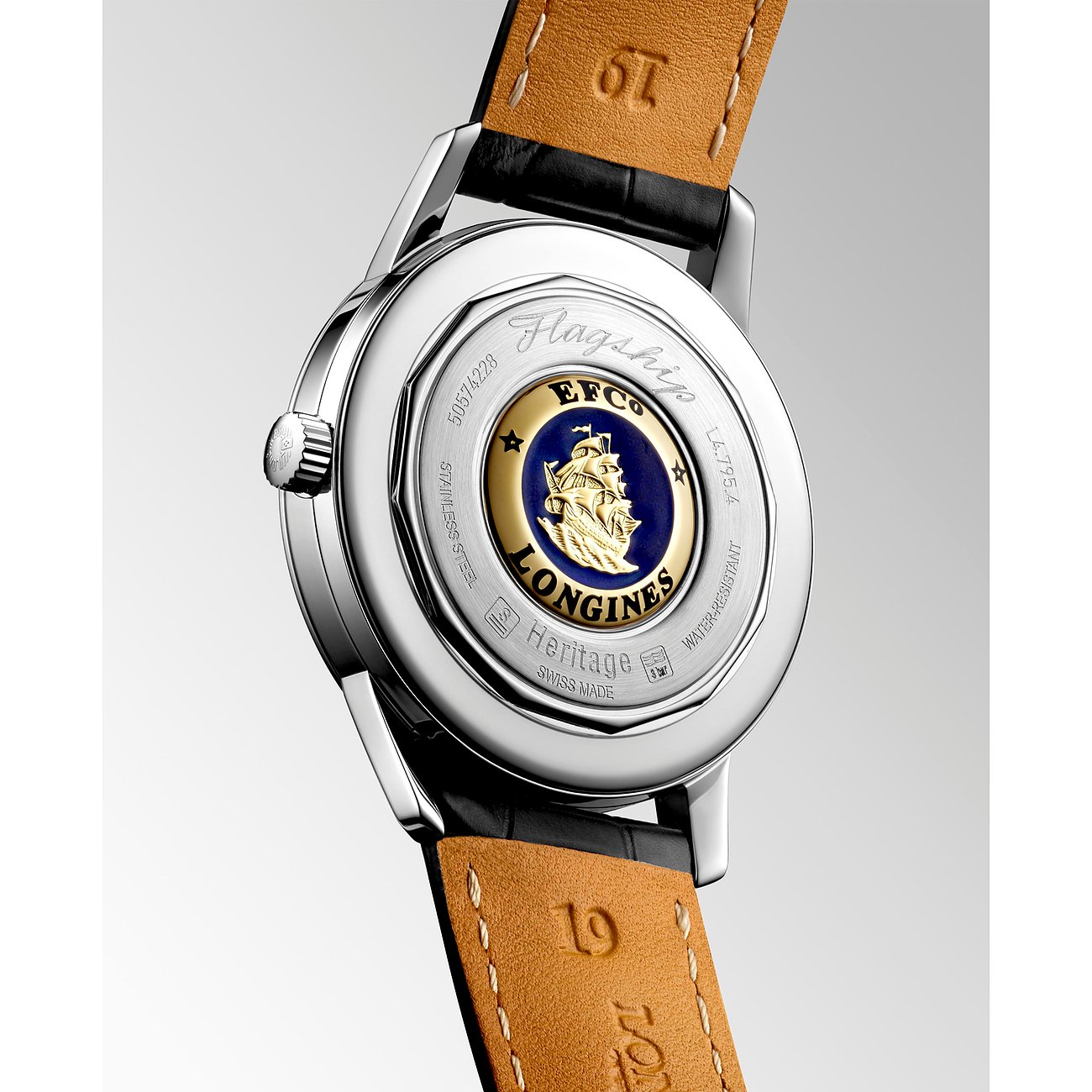 Longines Herrenuhr mit Edelstahlgehäuse und dem Emblem einer Galeere.