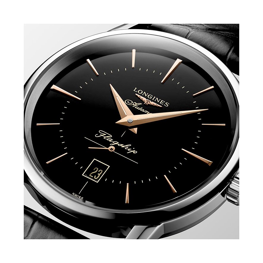 Longines Herrenuhr mit Edelstahlgehäuse, schwarzes Zifferblatt, goldfarbene Zeiger.