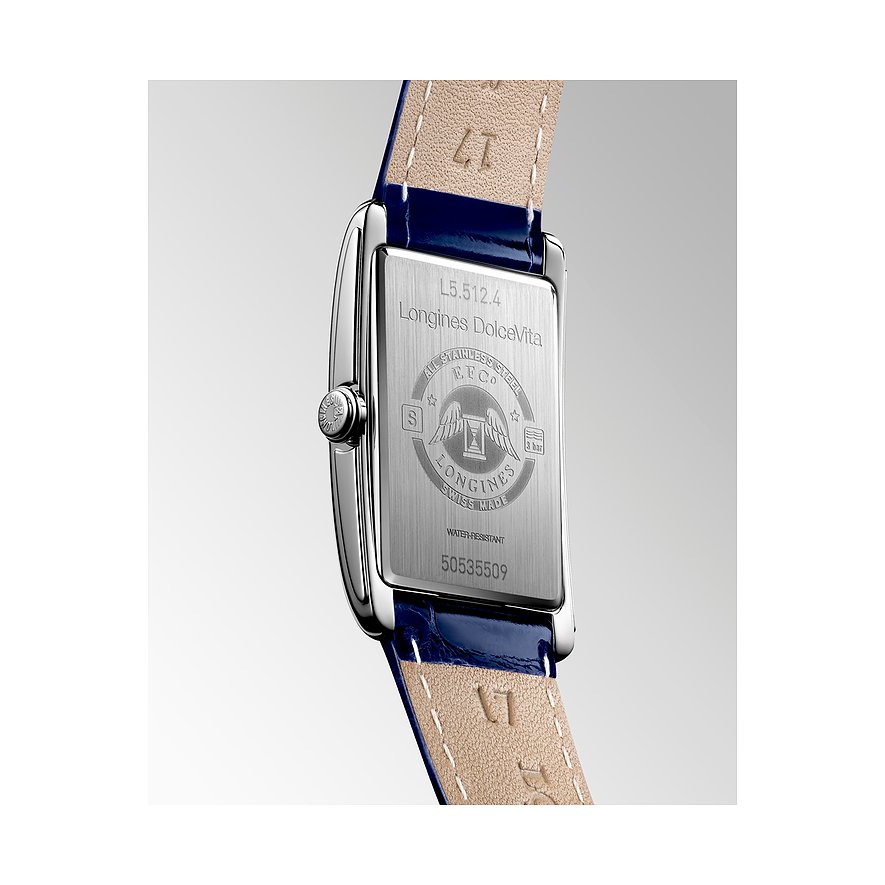 Rückseite einer Longines DolceVita Damenuhr aus Edelstahl mit eingraviertem Markenlogo und Seriennummer.