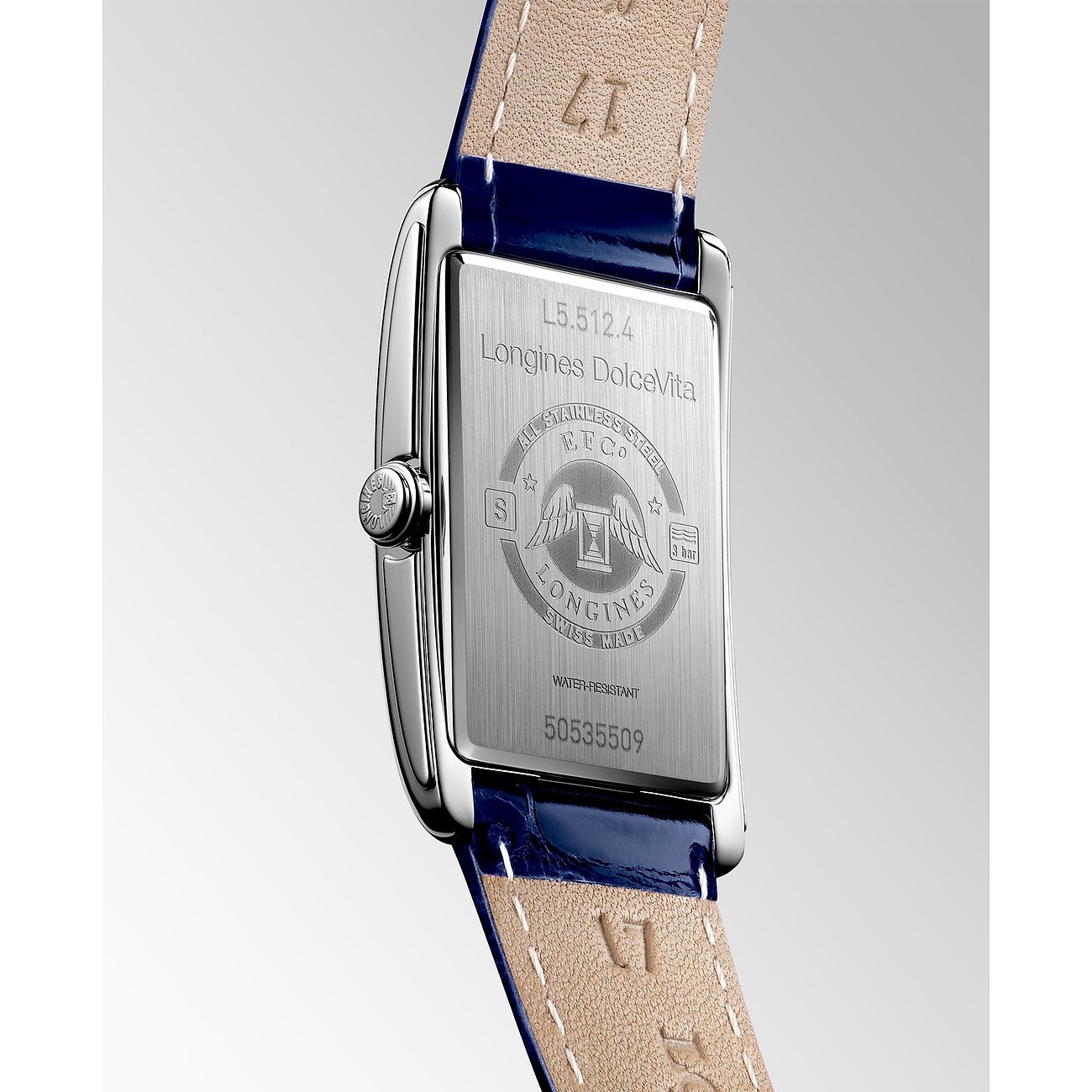 Rückseite einer Longines DolceVita Damenuhr aus Edelstahl mit eingraviertem Markenlogo und Seriennummer.