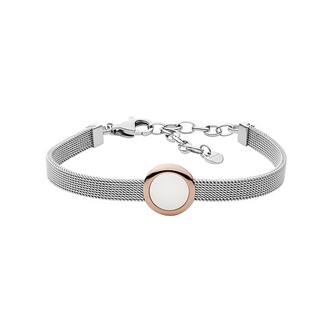 Skagen Armband aus Edelstahl mit einem silbernen Gliederarmband und einem roségoldfarbenen Glasstein.