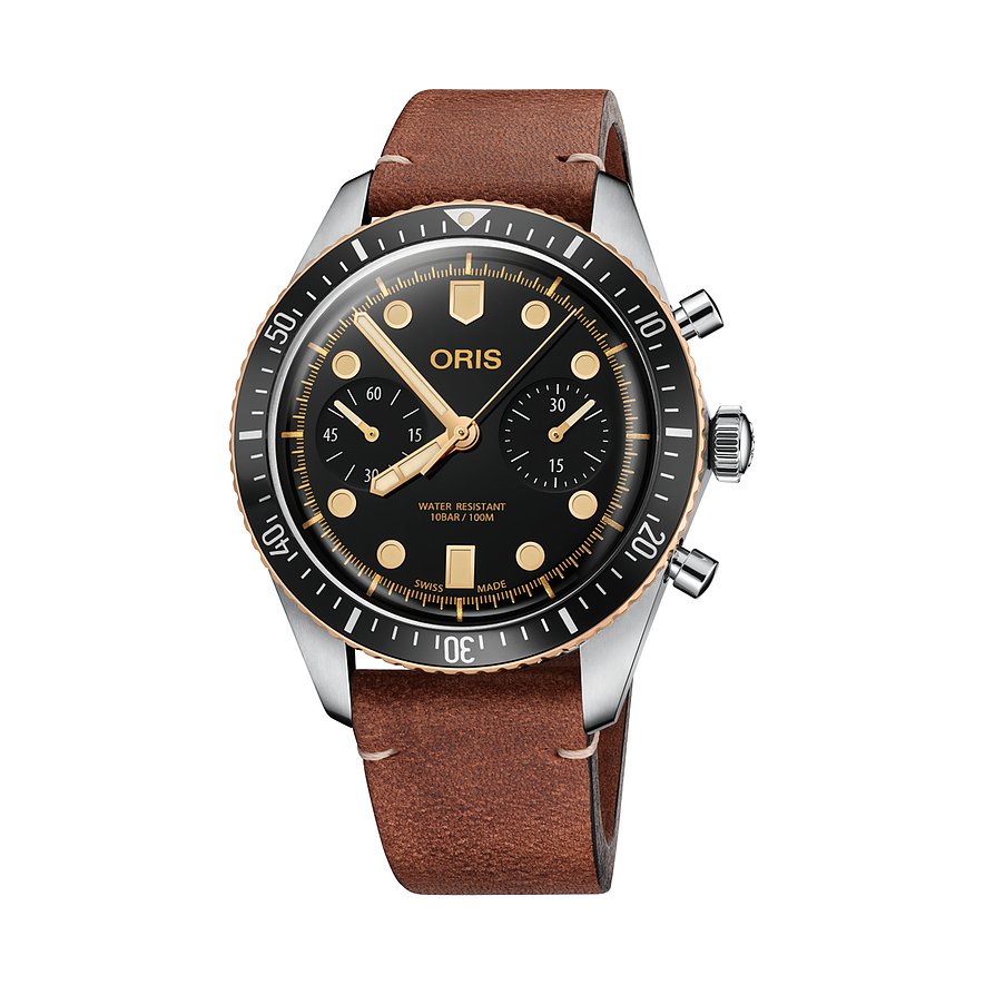 Oris Herrenuhr Divers Sixty-Five Chronograph 01 771 7744 4354-07 5 21 45, Herren, Edelstahl, Armband: Leder, Automatik, analog