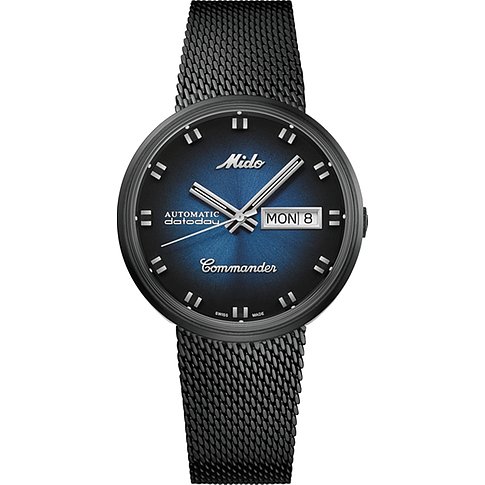 Mido Damenuhr mit blauem Zifferblatt und schwarzem Edelstahl-Mesh-Armband