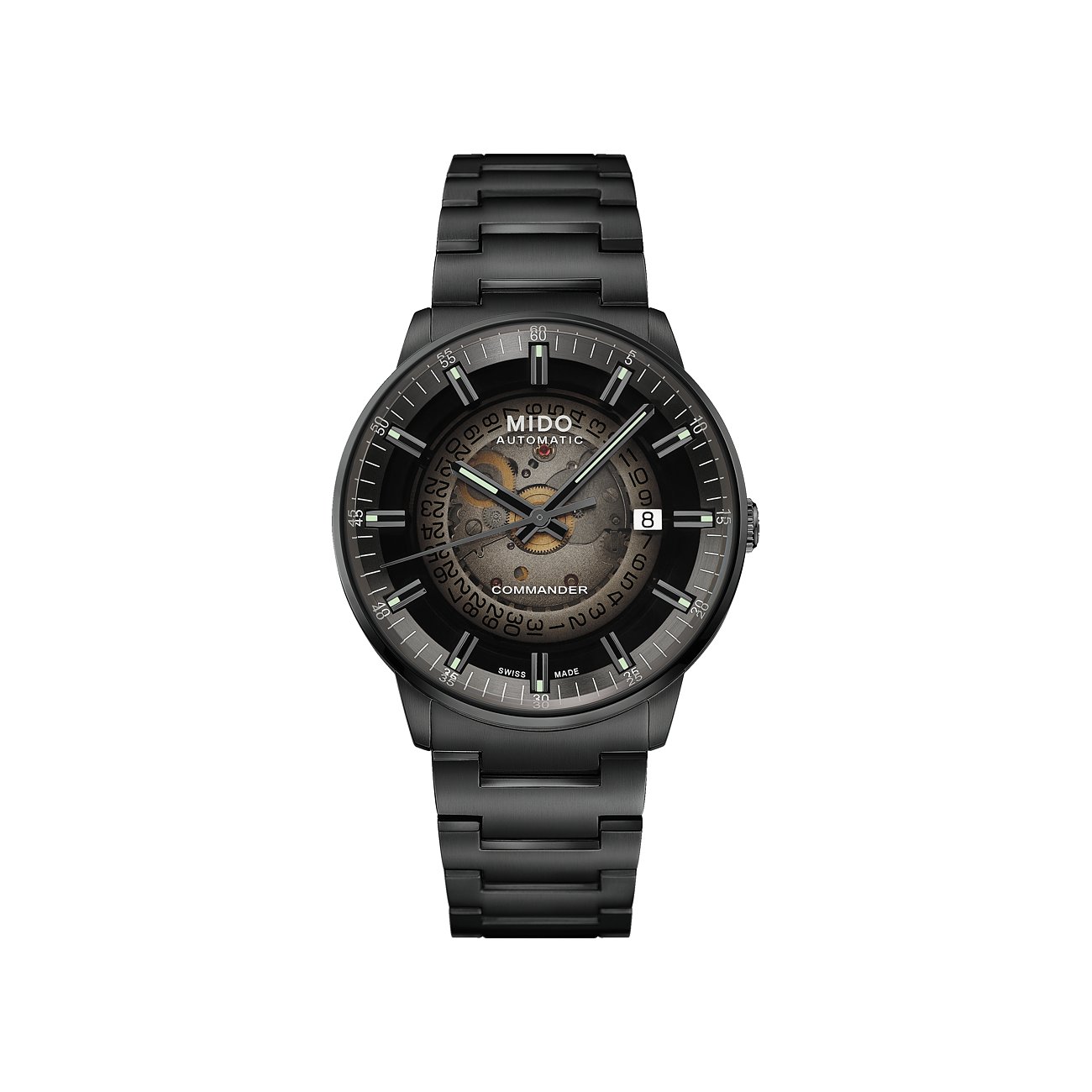 Mido Herrenuhr aus Edelstahl mit analoger Anzeige und Sicht auf das Uhrwerk.