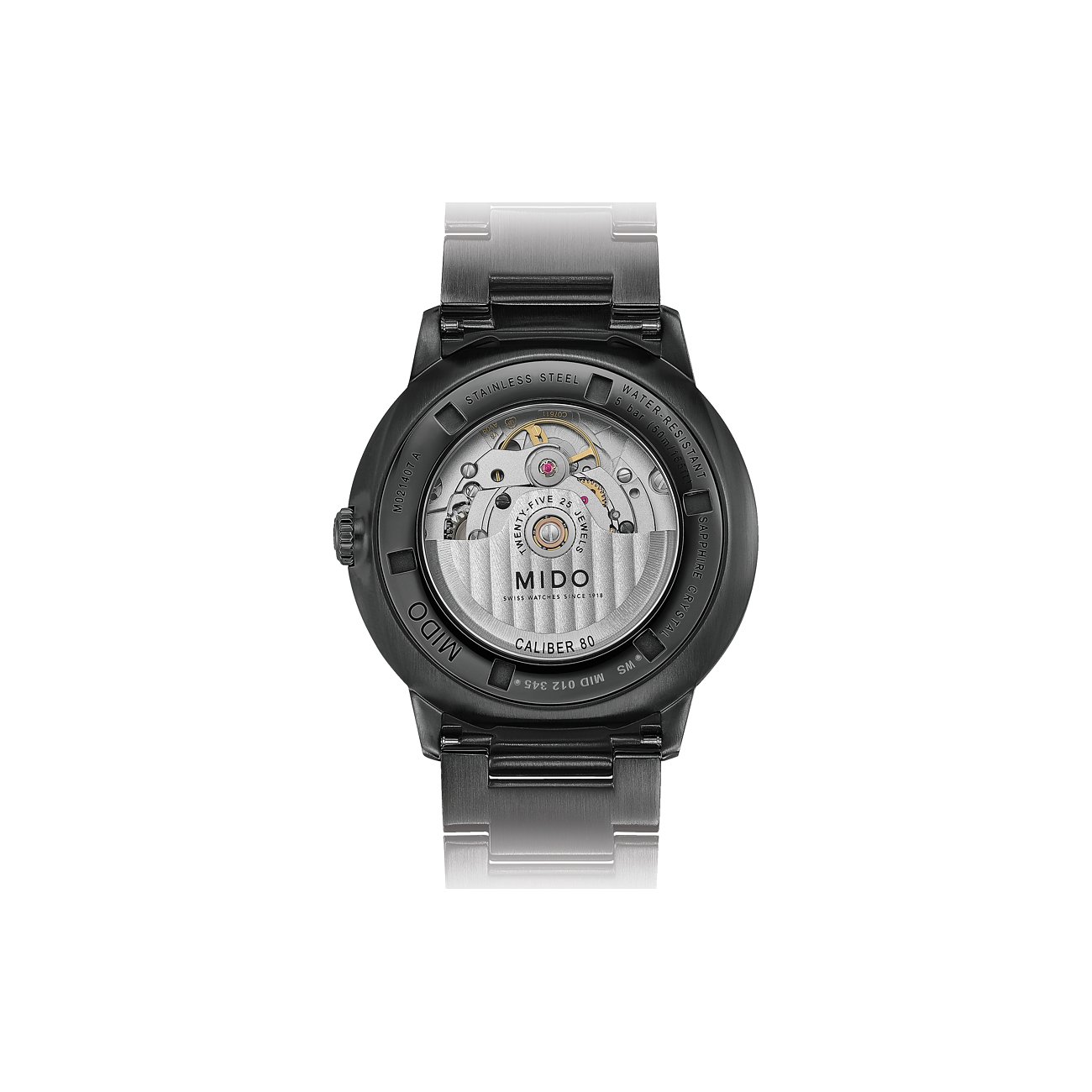 Mido Herrenuhr mit Edelstahlgehäuse und Sichtboden.
