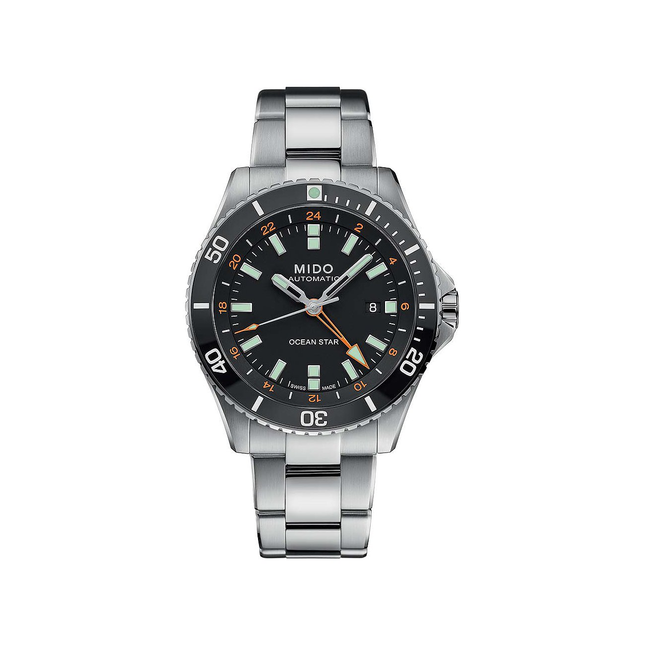 Mido Herrenuhr mit Edelstahlgehäuse, schwarzem Zifferblatt und silberfarbenem Armband.