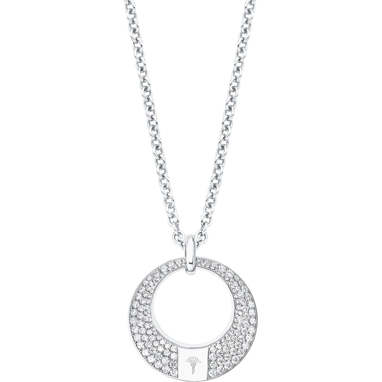 JOOP! Halsschmuck aus Silber: Eine glänzende Halskette mit einem runden Anhänger, besetzt mit Zirkonia.