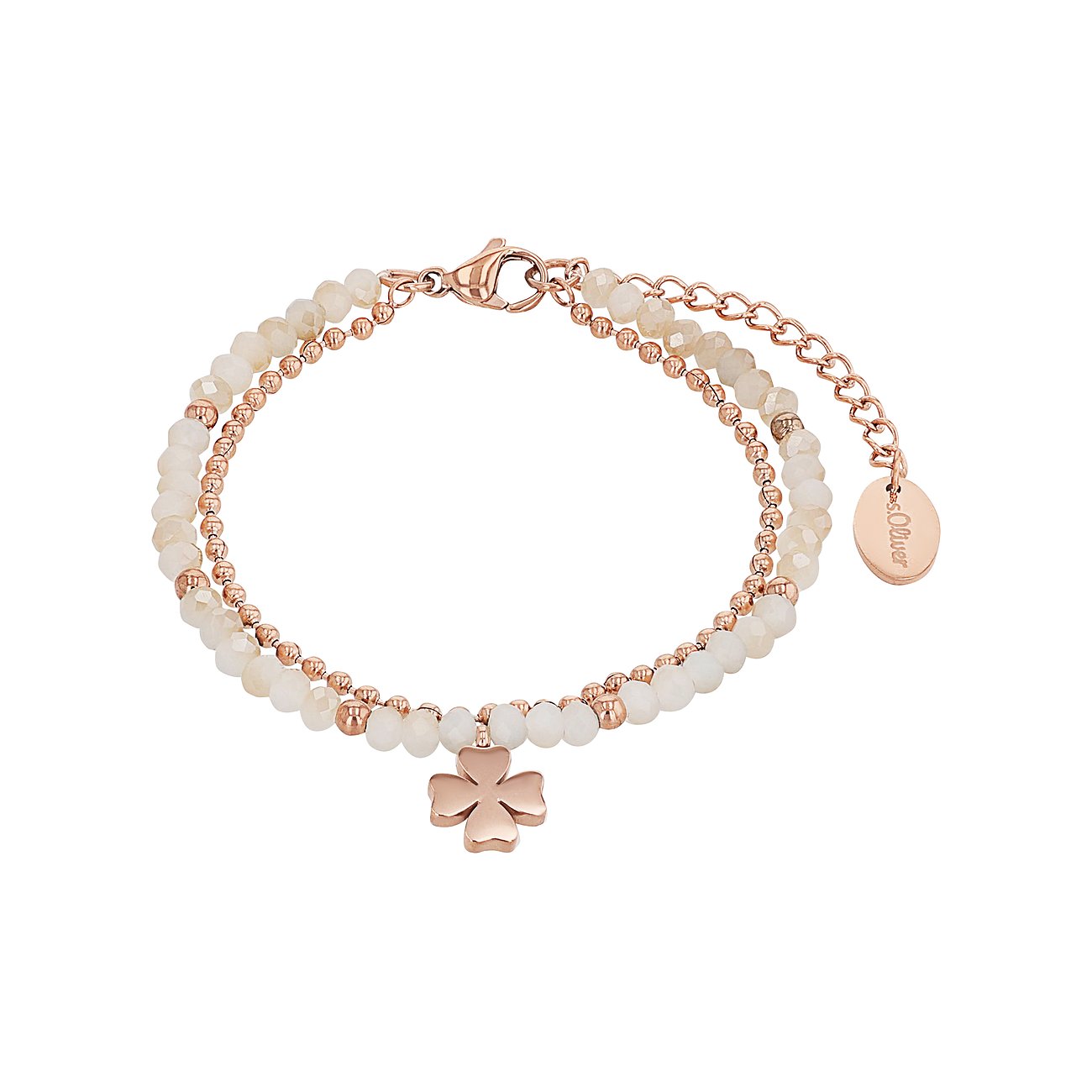 s.Oliver Armband aus roségoldfarbenem Edelstahl mit doppelt gefärbten Glassteinen und einem Kleeblatt-Anhänger.