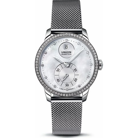 Union Glashütte Damenuhr mit Edelstahlgehäuse, besetzt mit Diamanten, analog.