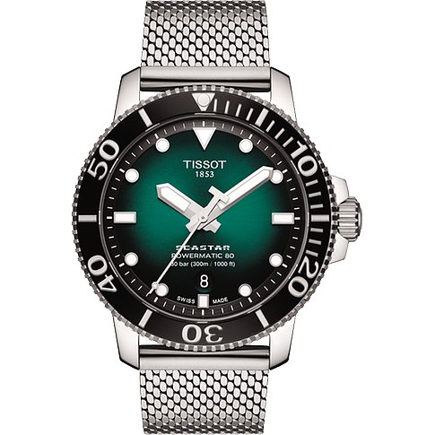 Eine Tissot Herrenuhr aus Edelstahl mit einem grünen Zifferblatt und einem Milanaise-Armband.